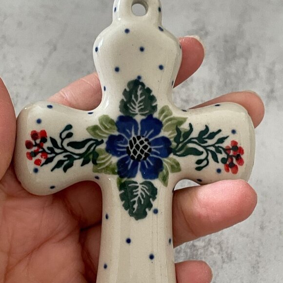 Ceramika Artystyczna Polish Cross Hand Painted Stoneware Wall Hanging 5" x 3" - Picture 5 of 6